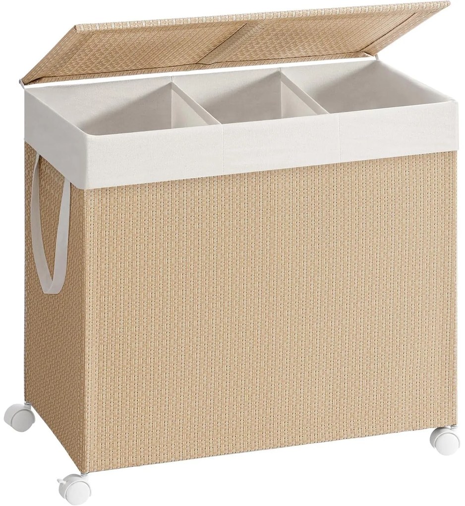 Kôš na bielizeň 140 l, 3 priehradky, s kolieskami, prírodná a biela farba