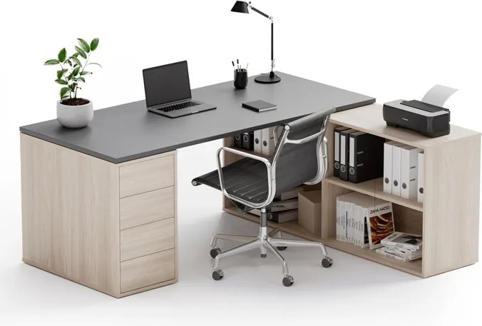 Kancelársky písací stôl s úložným priestorom BLOCK B04, 180x160 cm, dub prírodný/grafit