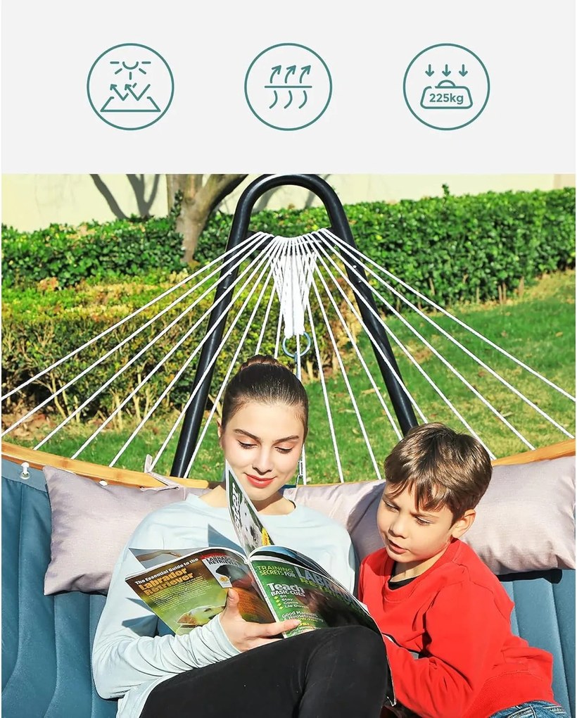 Dvojitá polstrovaná hojdacia sieť s odnímateľnými bambusovými tyčami s vankúšom, modrá