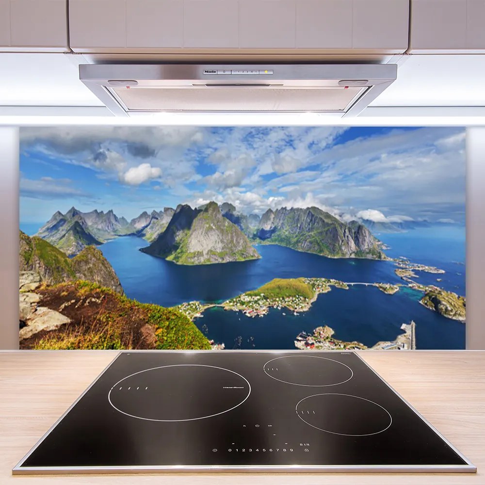 Sklenený obklad Do kuchyne Hory more záliv krajina 125x50 cm