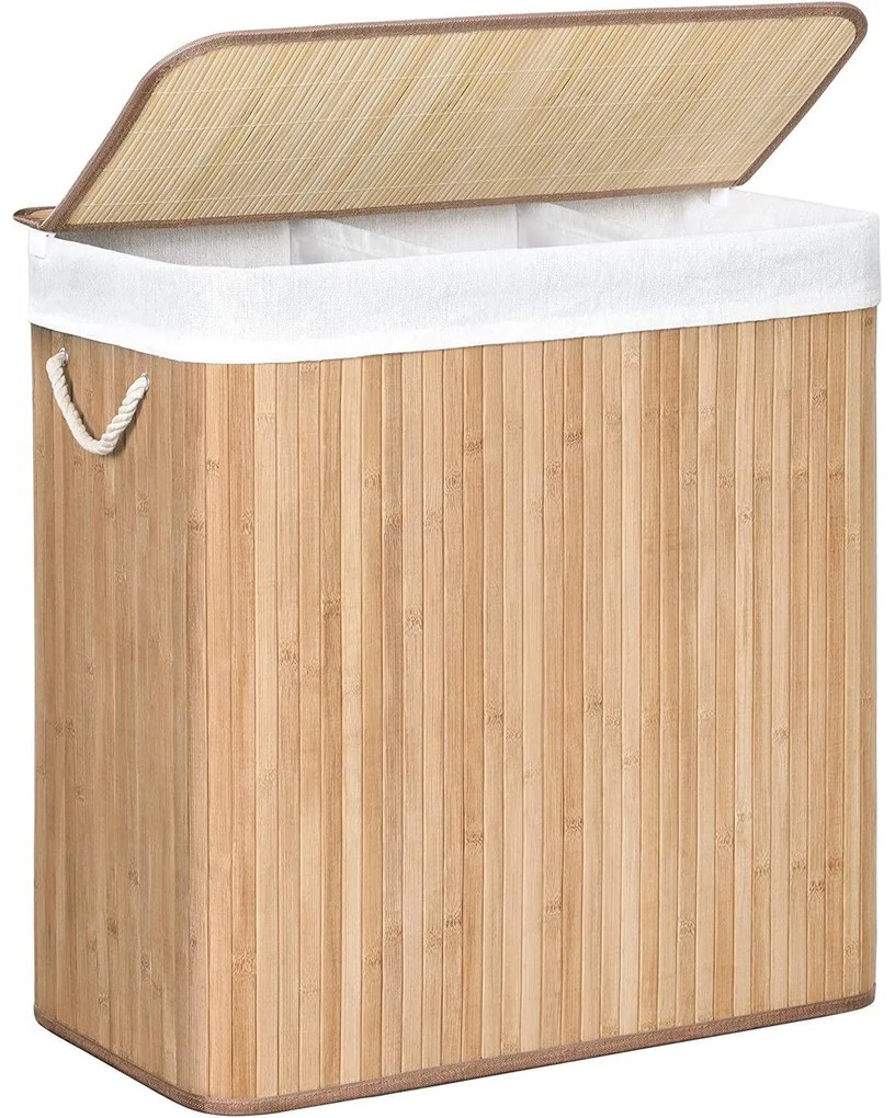 Kôš na bielizeň 150 L s 3 priehradkami, bambusový, 60 x 40 x 63 cm, prírodný