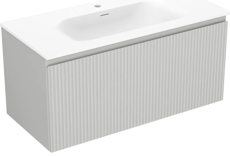 Mexen Rivel, kúpeľňová skrinka 100 cm s umývadlom Vela, 1 zásuvka, drážkovaná, sivá matná/biela, 91A20-10047-1-BF62-W23M01