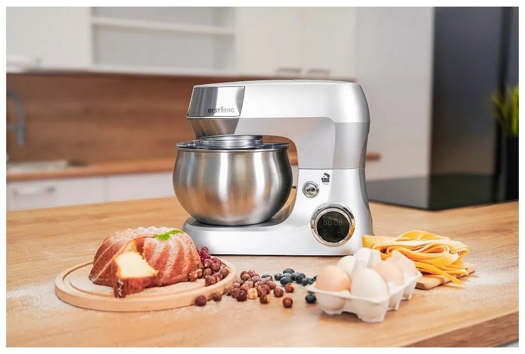 MEGAKOMBO Multifunkčný kuchynský robot BestBerg BBR-1900S + 15dielna sada nerezových hrncov a nepriľnavých panvíc BestBerg BBSC-15 / strieborná