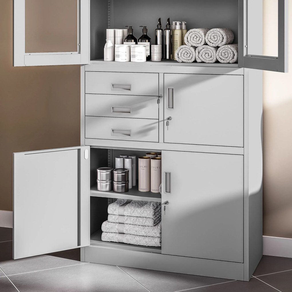 Kovová spisová skriňa so zásuvkami, vitrínou a trezorom FILIP, 900 x 1850 x 400 mm, šedá