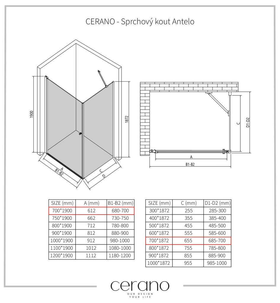 CERANO - Sprchovací kút Antelo L/P - 6 mm - čierna matná, transparentné sklo - 70x70 cm - krídlový, CER-CER-8050BD7499