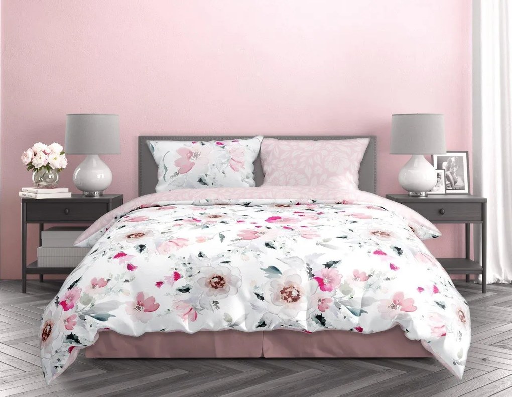 Saténové obliečky MILAGRO VERDE Jemné kvety - biele / ružové - 160x200 cm