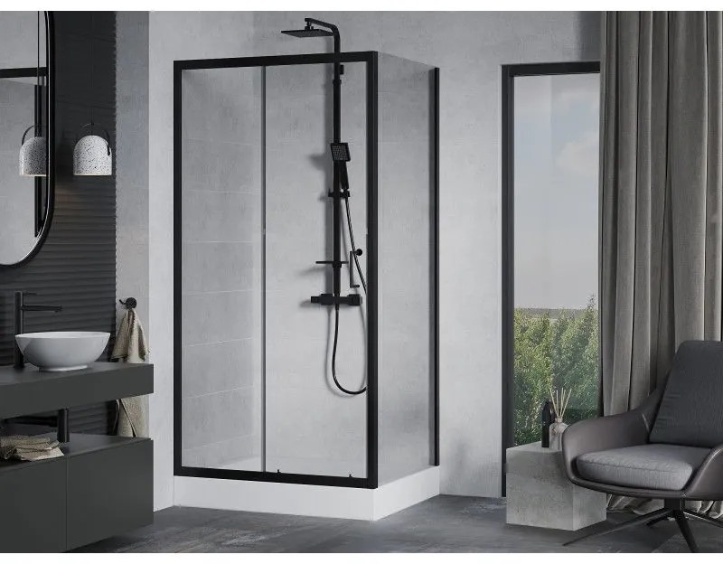 Mexen Apia, sprchový kút s posuvnými dverami 100 (dvere) x 80 (stena) cm, 6mm číre sklo, čierny profil + biela sprchová vanička RIO, 840-100-080-70-00-4510