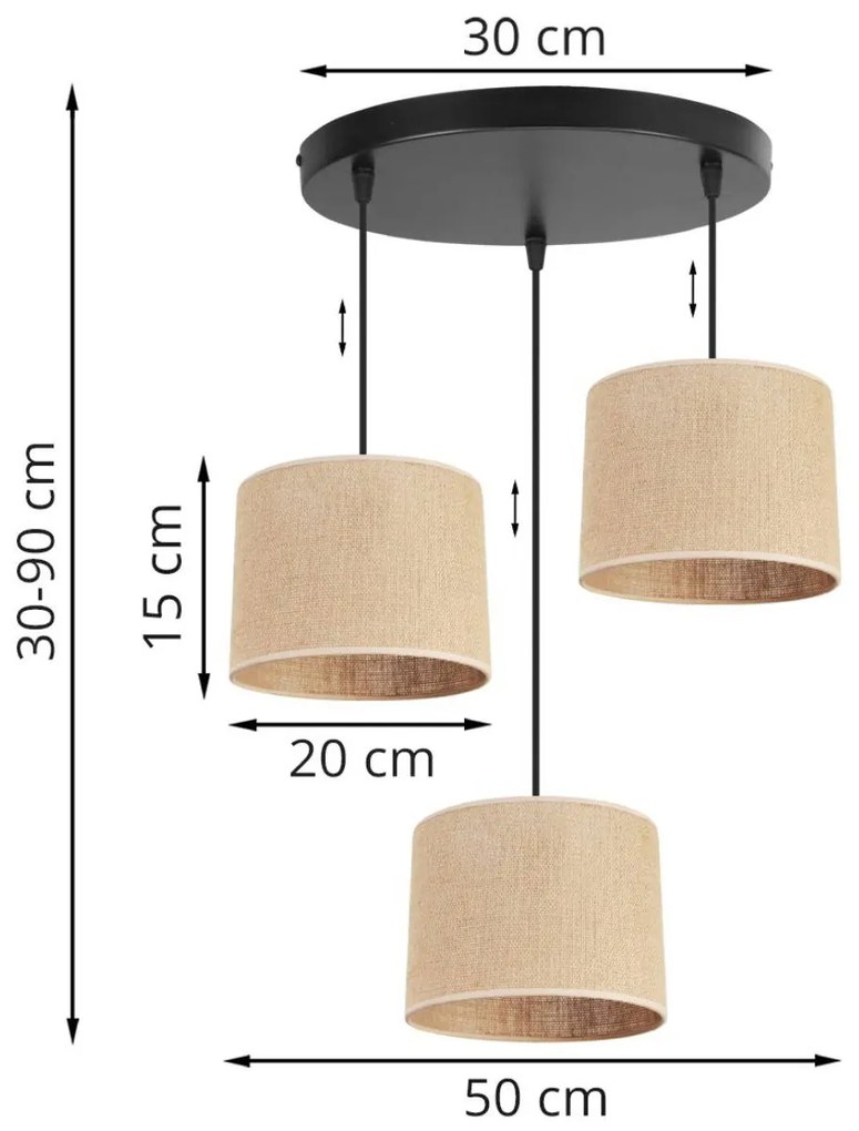 Závesné svietidlo Juta, 3x jutové tienidlo, (výber z 2 farieb konštrukcie), o