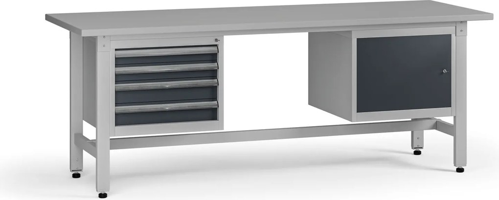 Výškovo nastaviteľný dielenský stôl G5, 2100 x 750 x 800-1000 mm, 1x skrinka, 4 zásuvky, grafit
