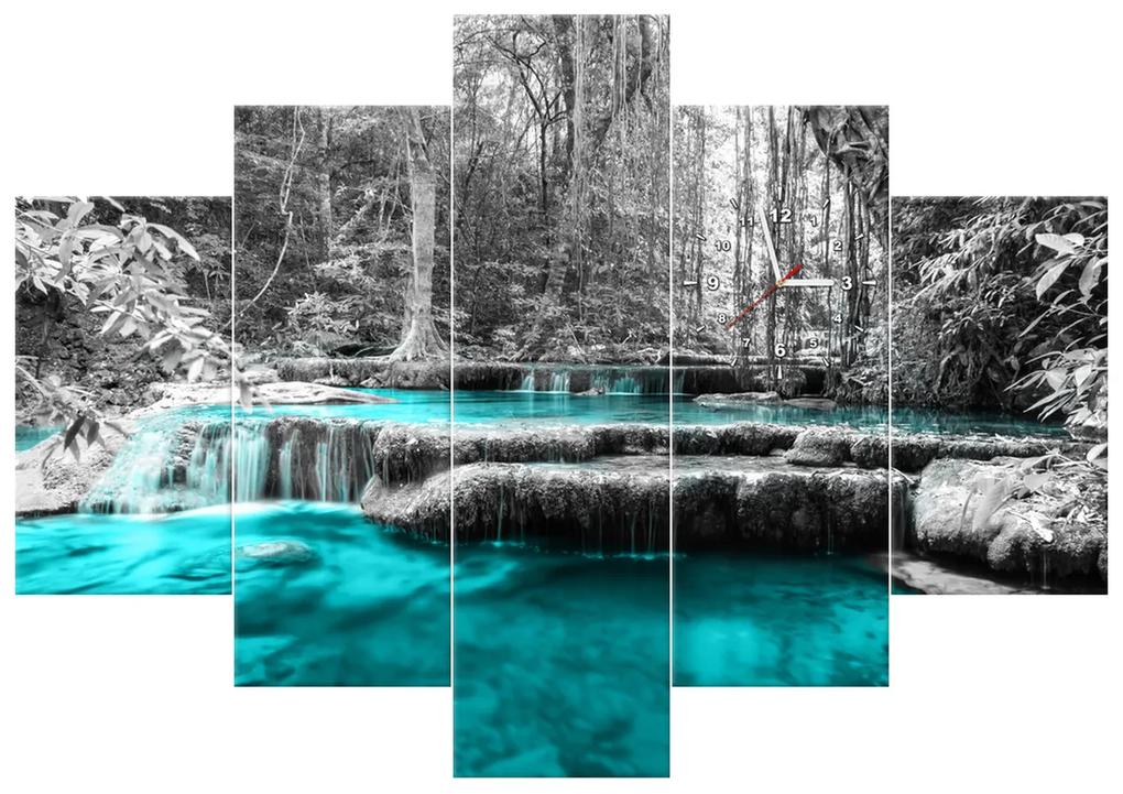 Gario Obraz s hodinami Modrý vodopád v džungli - 5 dielny Rozmery: 150 x 105 cm