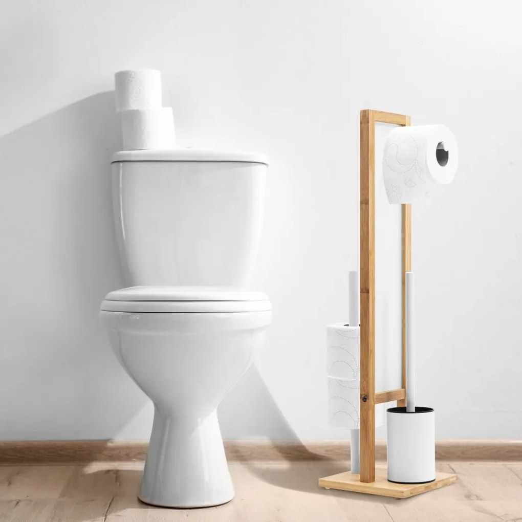 Tutumi REA - Bambusový kúpeľňový stojan na toaletný papier a kefu, White 321502, HOM-04000