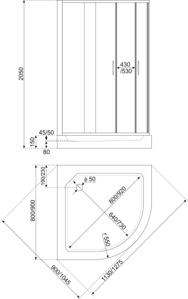 Novoterm Štvrťkruhový sprchový kút NV-Intro 90x90 chróm/grafit + vanička XN