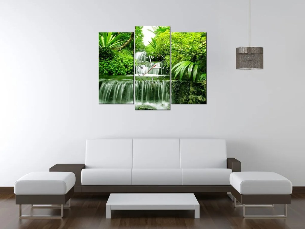 Gario Obraz s hodinami Vodopád v dažďovom pralese - 3 dielny Rozmery: 90 x 70 cm