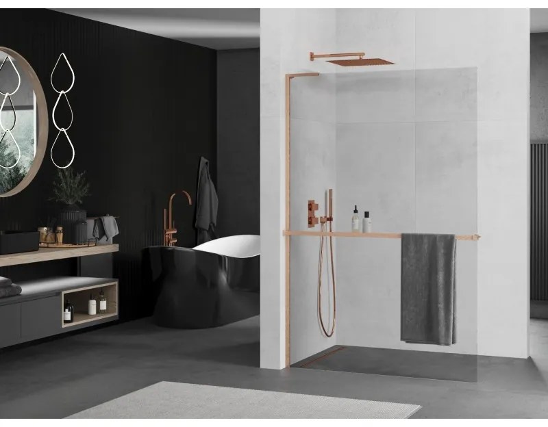 Mexen Kioto+ L, sprchová zástena Walk-In s poličkou a vešiakom 115 x 200 cm, 8mm číre sklo, medený matný profil, 800-115-123-65-00