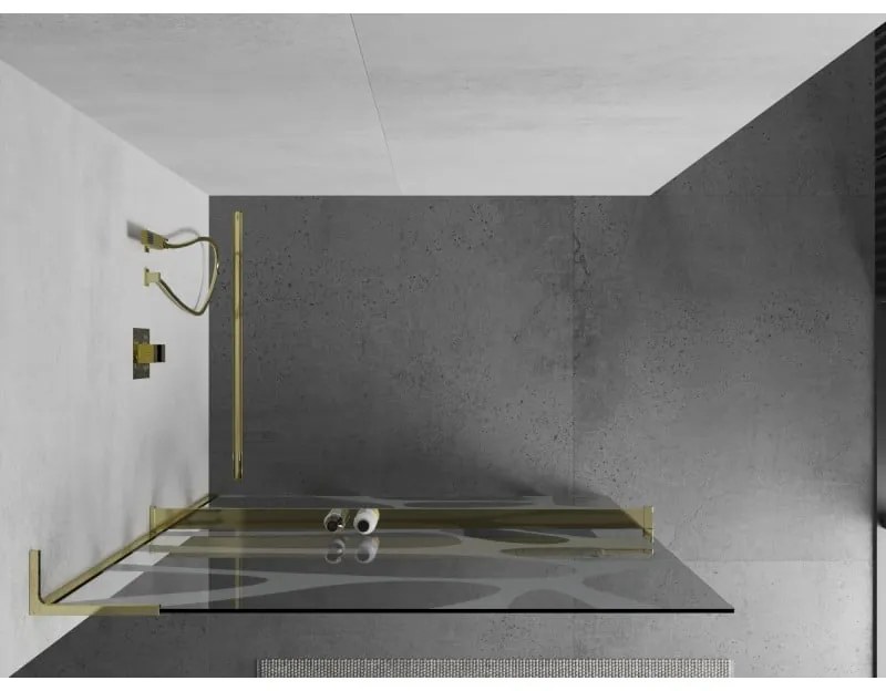 Mexen Kioto+ L, sprchová zástena Walk-In s poličkou a vešiakom 80 x 200 cm, 8mm číre sklo biely vzor, zlatý lesklý profil,800-080-123-50-97