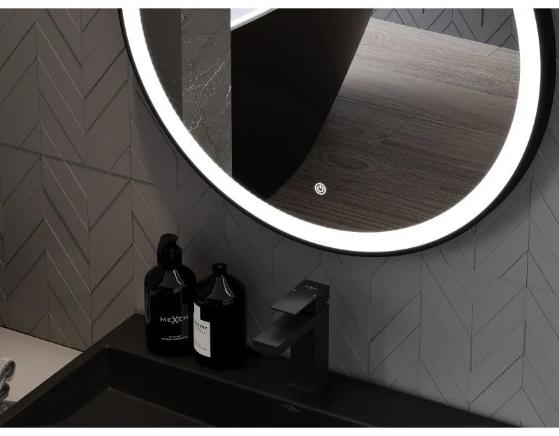 Mexen Esso, okrúhle LED podsvietené kúpeľňové zrkadlo 90 cm, 6000K, vykurovacia podložka proti zahmlievaniu, čierny rám, 9825-090-090-611-70
