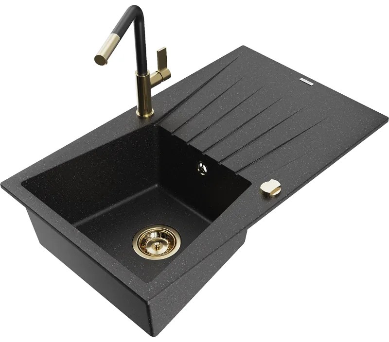 Mexen Cesar, 1-komorový granitový drez 775x470x190 mm a drezová batéria Flora, čierna-strieborná metalíza, 6514-73-670401-57-G