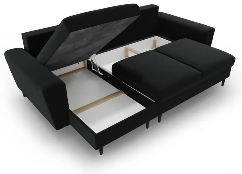 Čierna zamatová rozkladacia/s úložným priestorom rohová pohovka Kyoto – Cosmopolitan Design