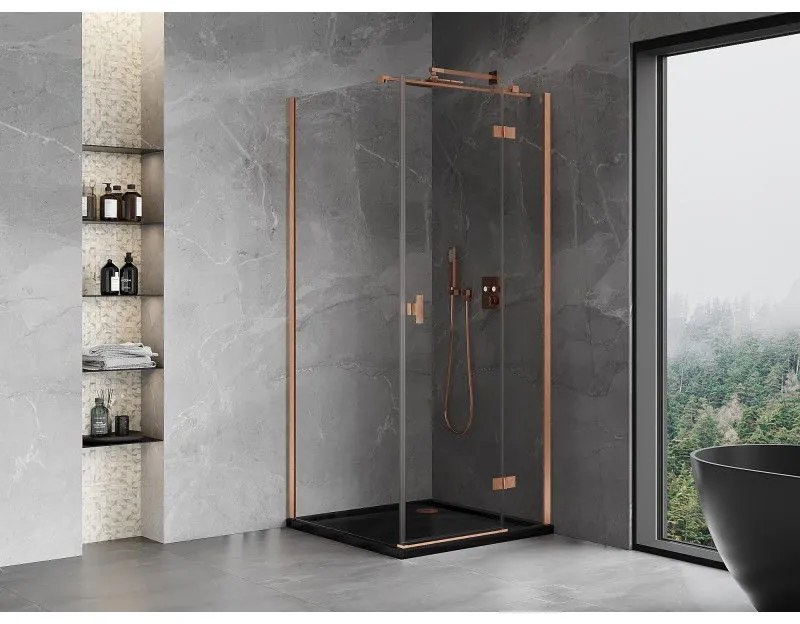 Mexen Mist H T, sprchový kút s výklopnými dverami pravý 85 x 85 cm, číre sklo, medená matná, 8A5T-085-085-65-00-P