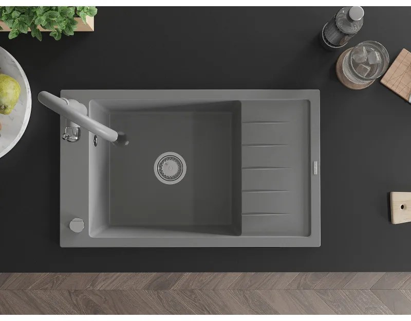 Mexen Elias, 1-komorový granitový drez 795x480x200 mm a drezová batéria Savita, šedá, 6511-71-672601-71