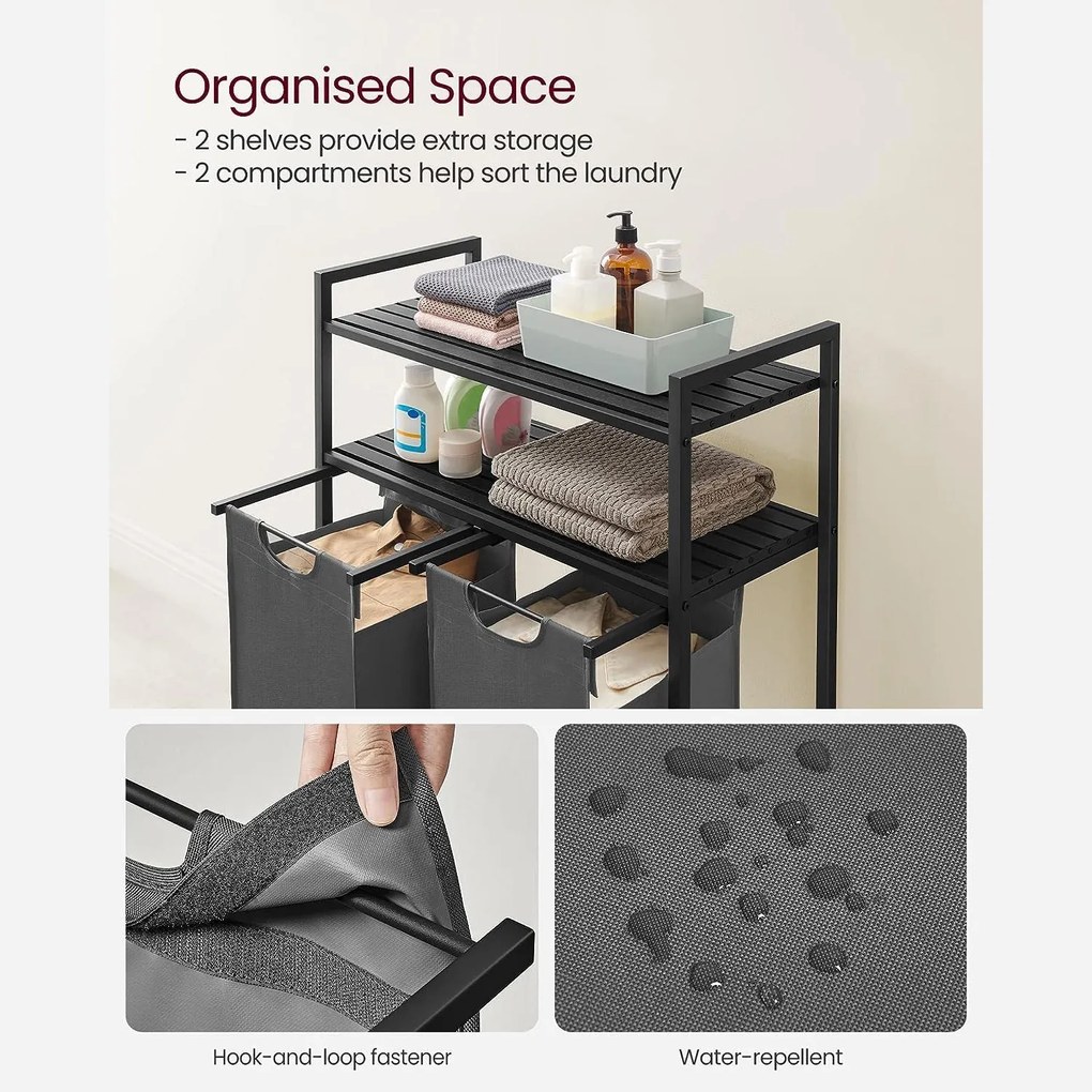 Kôš na bielizeň s 2 priehradkami a 2 policami, sivý
