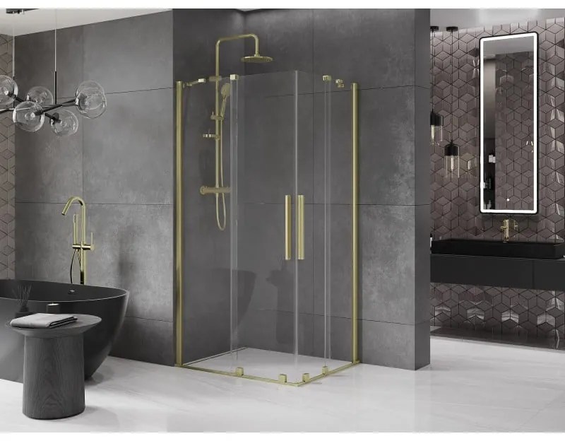 Mexen Velar Duo, sprchový kút s posuvnými dverami 100(dvere) x 90(dvere) cm, 8mm číre sklo, zlatý matný profil, 871-100-090-02-55