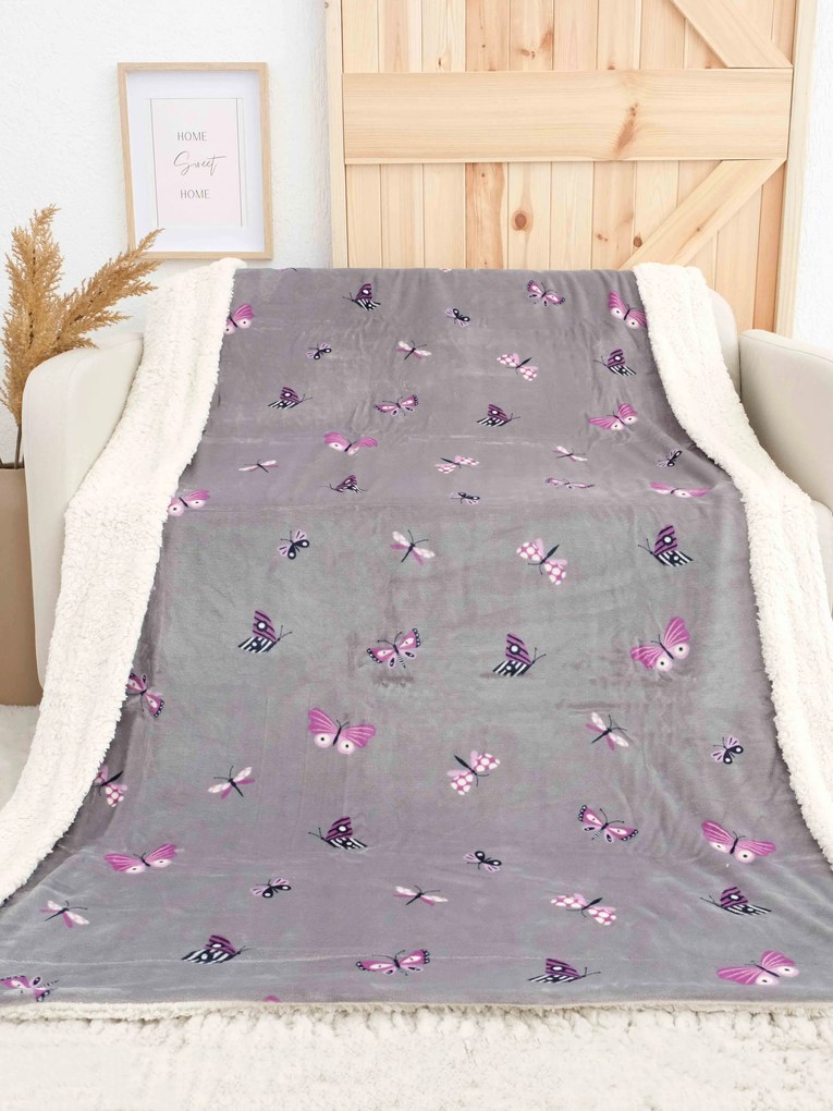 Baránková deka mikroplyš Exclusive 150 × 200 cm – Motýliky sivé