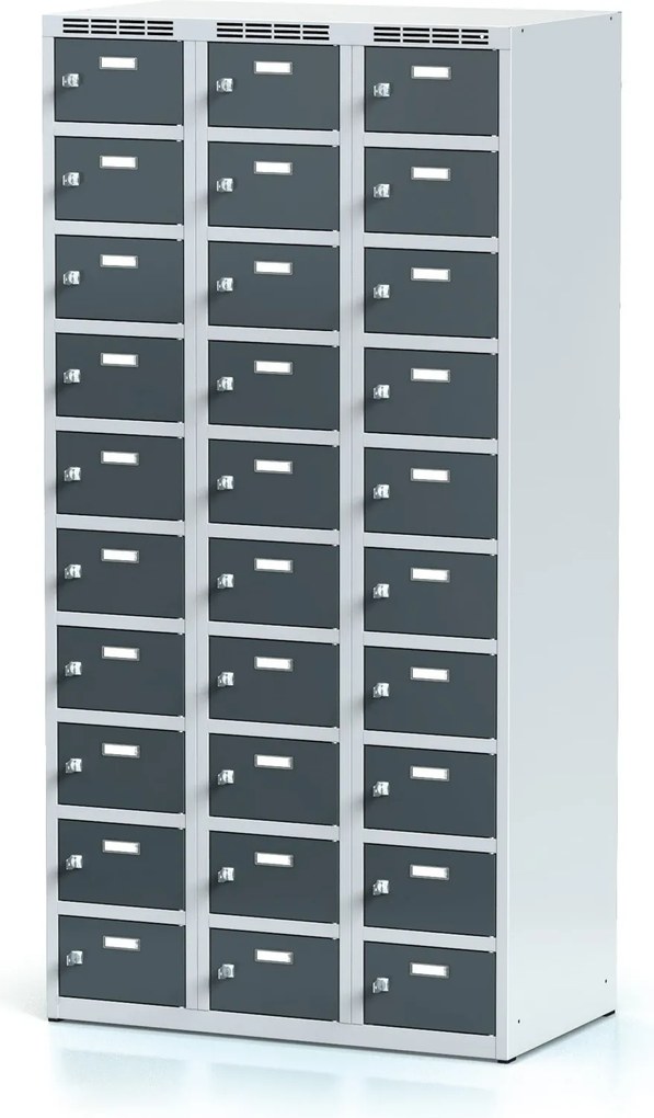 Alfa 3 Šatníková skrinka S6 s úložnými boxami, 30 boxov, 1800 x 900 x 500 mm, cylindrický zámok, tmavosivé dvere