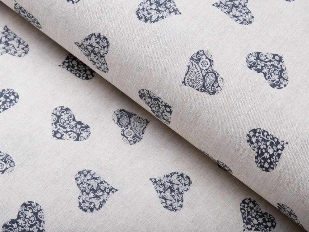 Biante Dekoračný záves Leona LN-135 Čierne srdiečka na režnom 130x210 cm