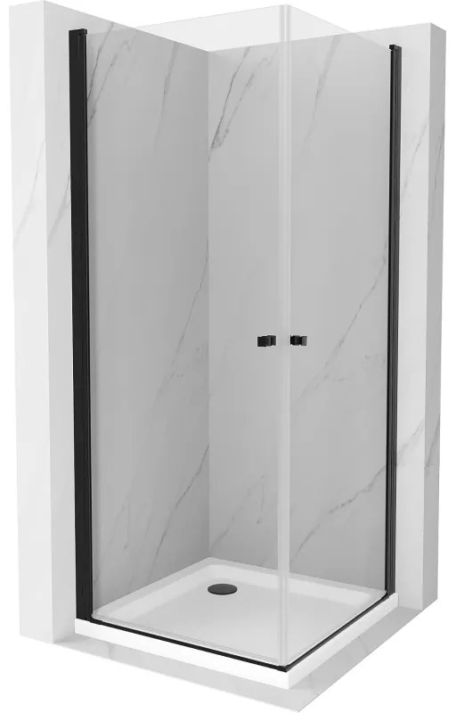 Mexen Pretoria Duo, sprchovací kút s 2-krídlovými dverami 70 (dvere) x 70 (dvere) cm, 6mm číre sklo, čierny profil + slim sprchová vanička 5cm biela s čiernym sifónom, 852-070-070-70-02-4010B