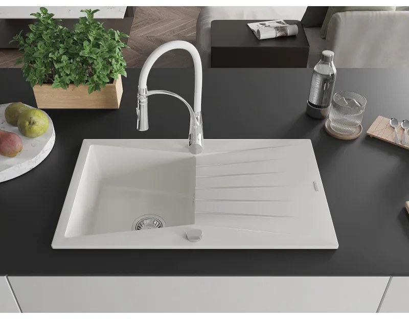 Mexen Cesar, 1-komorový granitový drez 775x470x190 mm a drezová batéria Aster, biela, 6514-20-73450-02