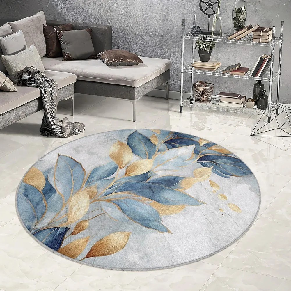 Prateľný okrúhly koberec v modrej a zlatej farbe ø 120 cm Golden Leaves – Mila Home