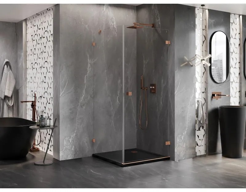 Mexen Lunar-B, pravostranný výklopný sprchový kút 90 x 90 cm, 8mm číre sklo, profil medená matná, 832-090-090-65-00-P