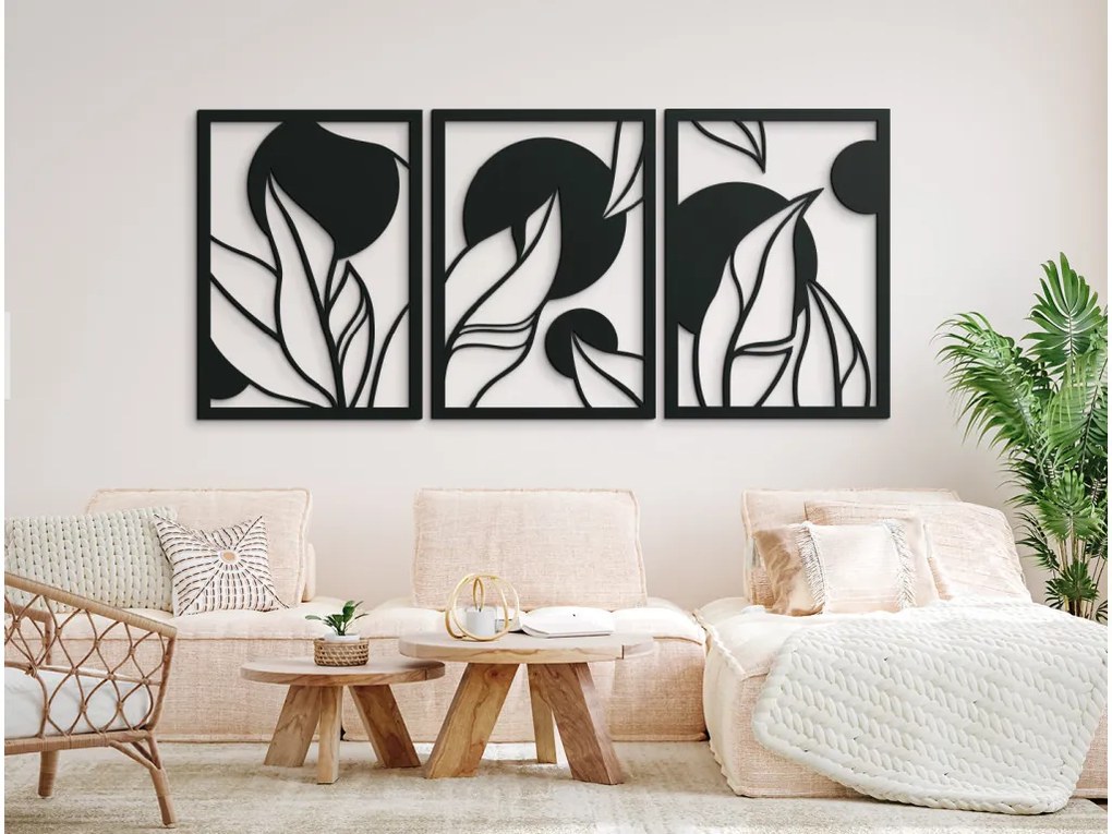 drevko 3-dielny drevený obraz Veľké listy Rozmer obrazu: 44,5 x 99 cm, Farba dekorácie: Čierna