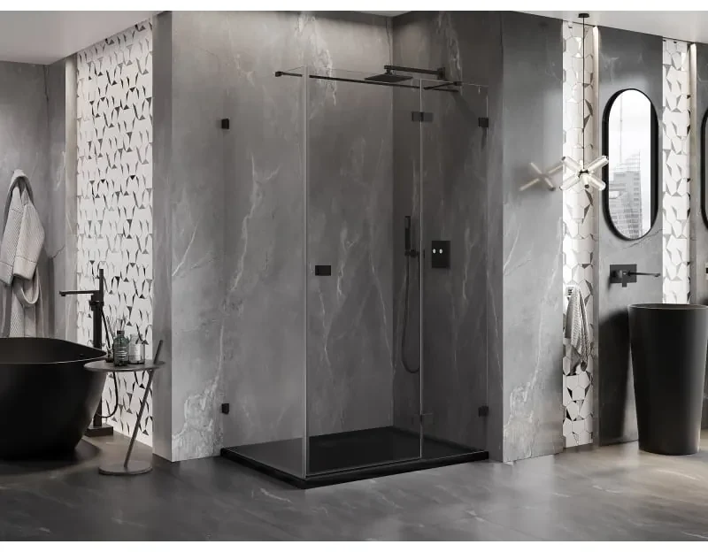 Mexen Lunar T pravostranný výklopný sprchový kút 125 x 110 cm, číre sklo, čierna matná, 834T-125-110-70-00-P
