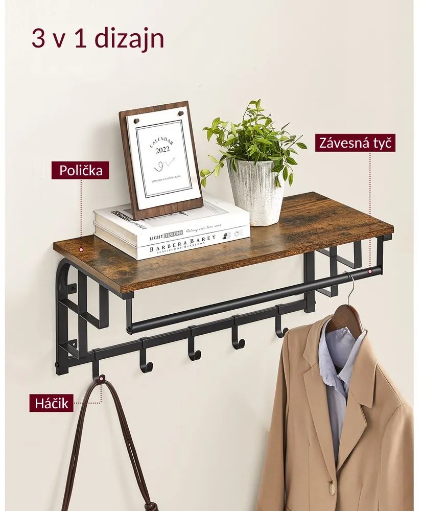 Vešiak na stenu HENRY, 66x30x27cm, čierna/hnedá Vasagle