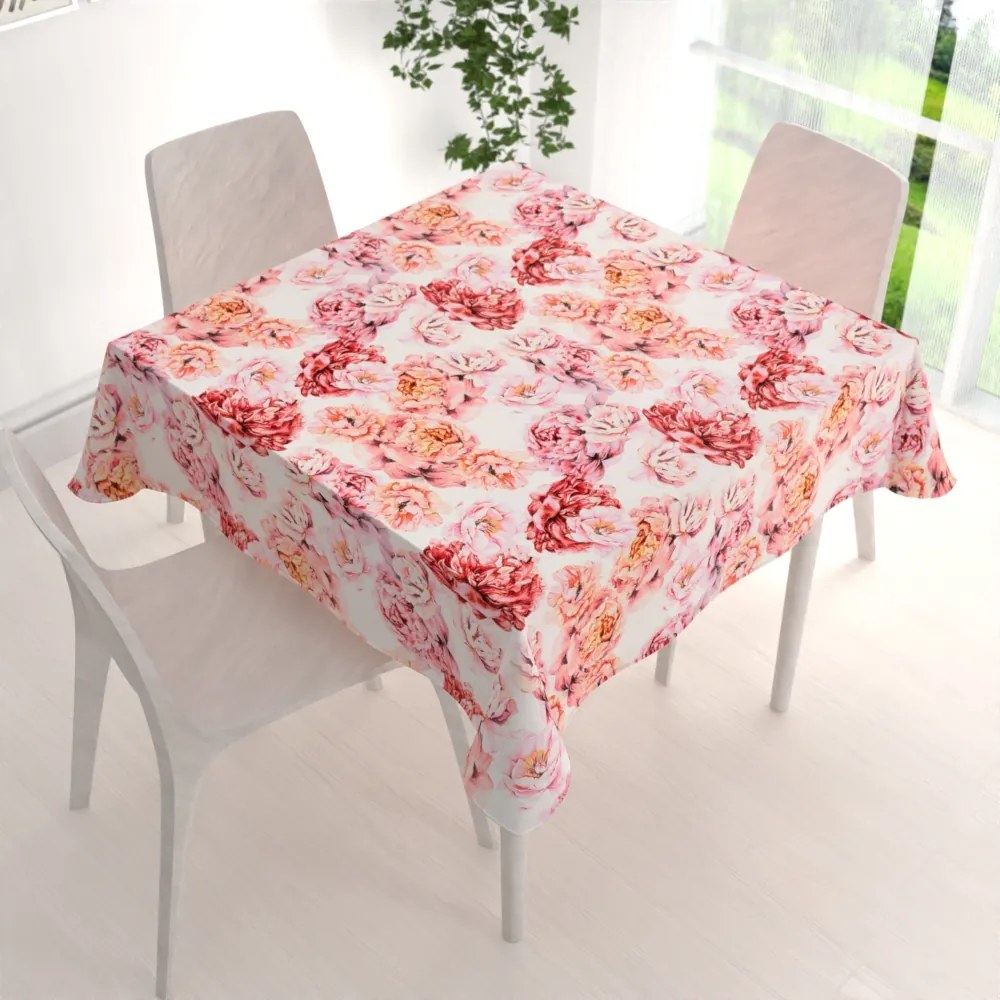 Biante Zamatový štvorcový obrus Tamara TMR-041 Ružovo-červené pivonky na bielom 80x80 cm