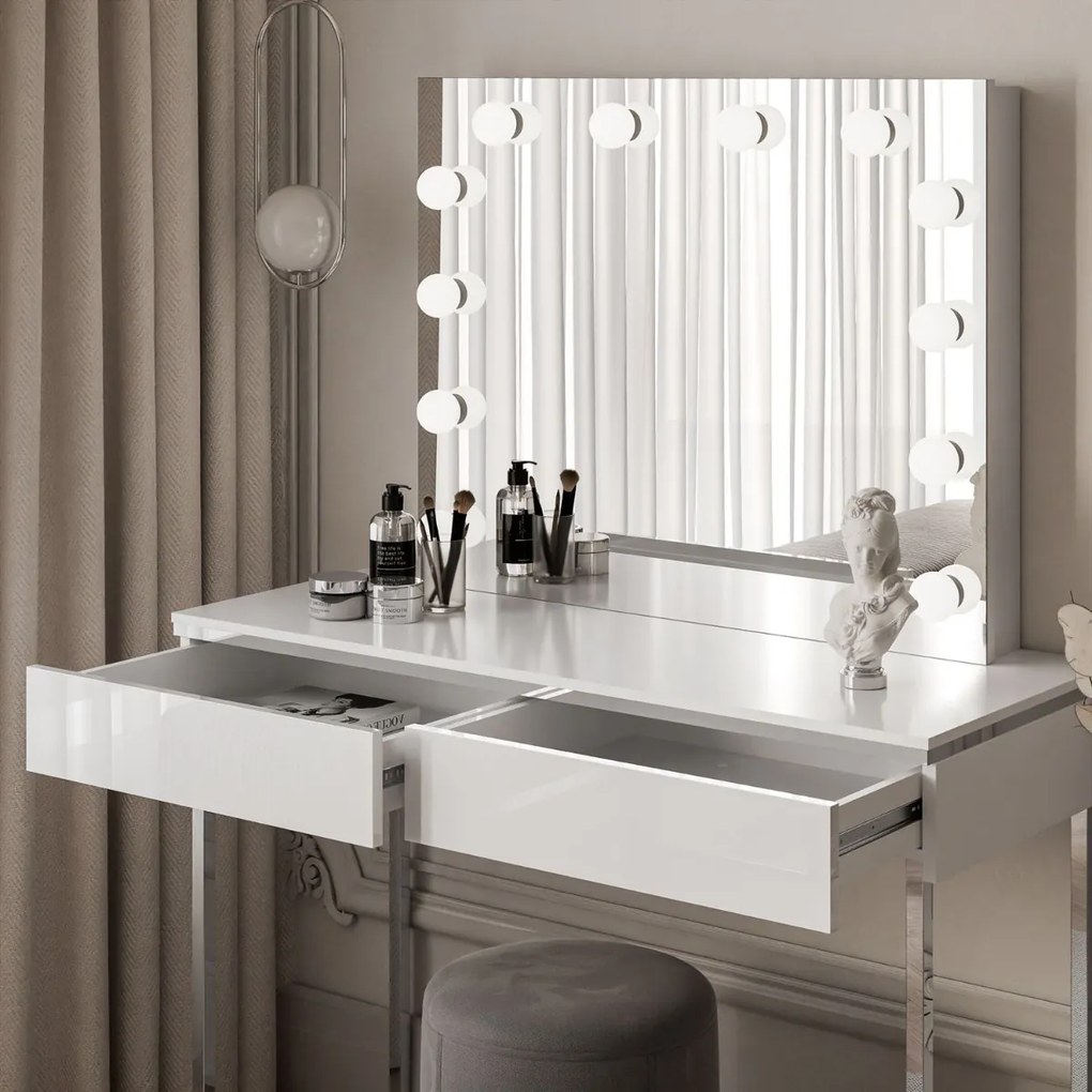 TOALETNÝ STOLÍK NESSIE ELITE BIELY LESK + STRIEBORNÝ PODSTAVEC