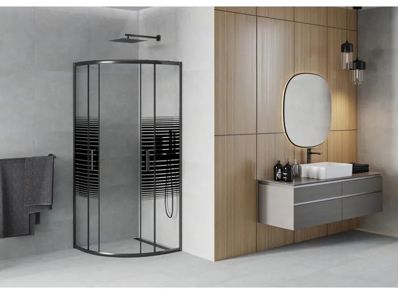 Mexen Rio, štvrťkruhový sprchovací kút s posuvnými dverami 80(dvere) x 80(dvere) x 190 cm, 6mm číre sklo s pásikmi, čierny profil, 863-080-080-70-20