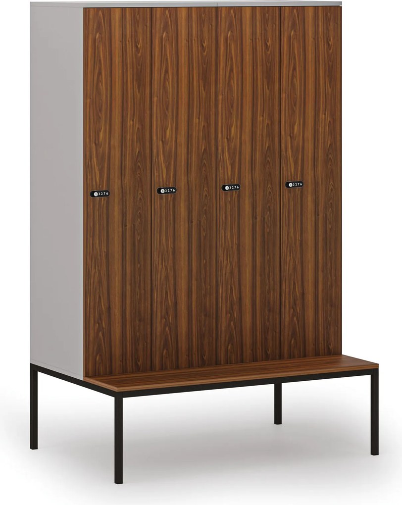 Drevená šatníková skrinka S4 s lavičkou, 4 oddiely, 1871 x 1200 x 500/800 mm, demont, mechanický kódový zámok, sivá/orech