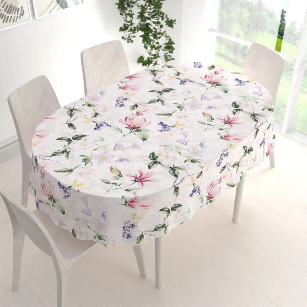 Biante Bavlnený oválny obrus Sandra SA-287 Mix kvetov na bielom 140x220 cm