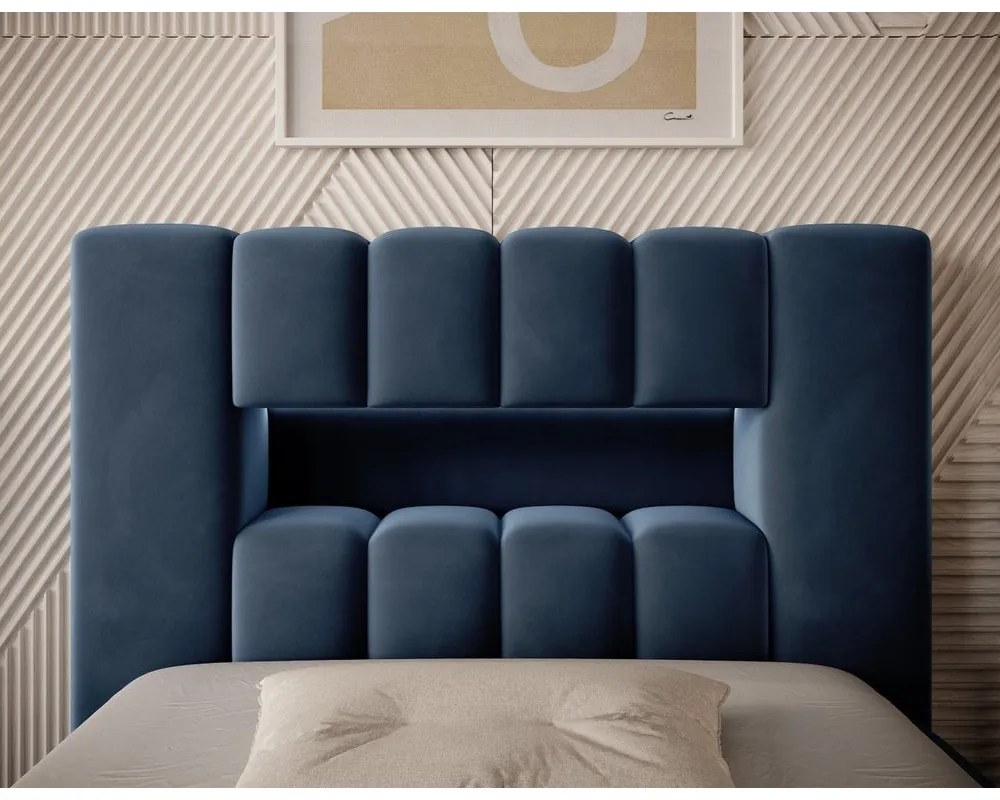 Tmavomodrá čalúnená jednolôžková posteľ s úložným priestorom s roštom 90x200 cm Lamica – ELTAP