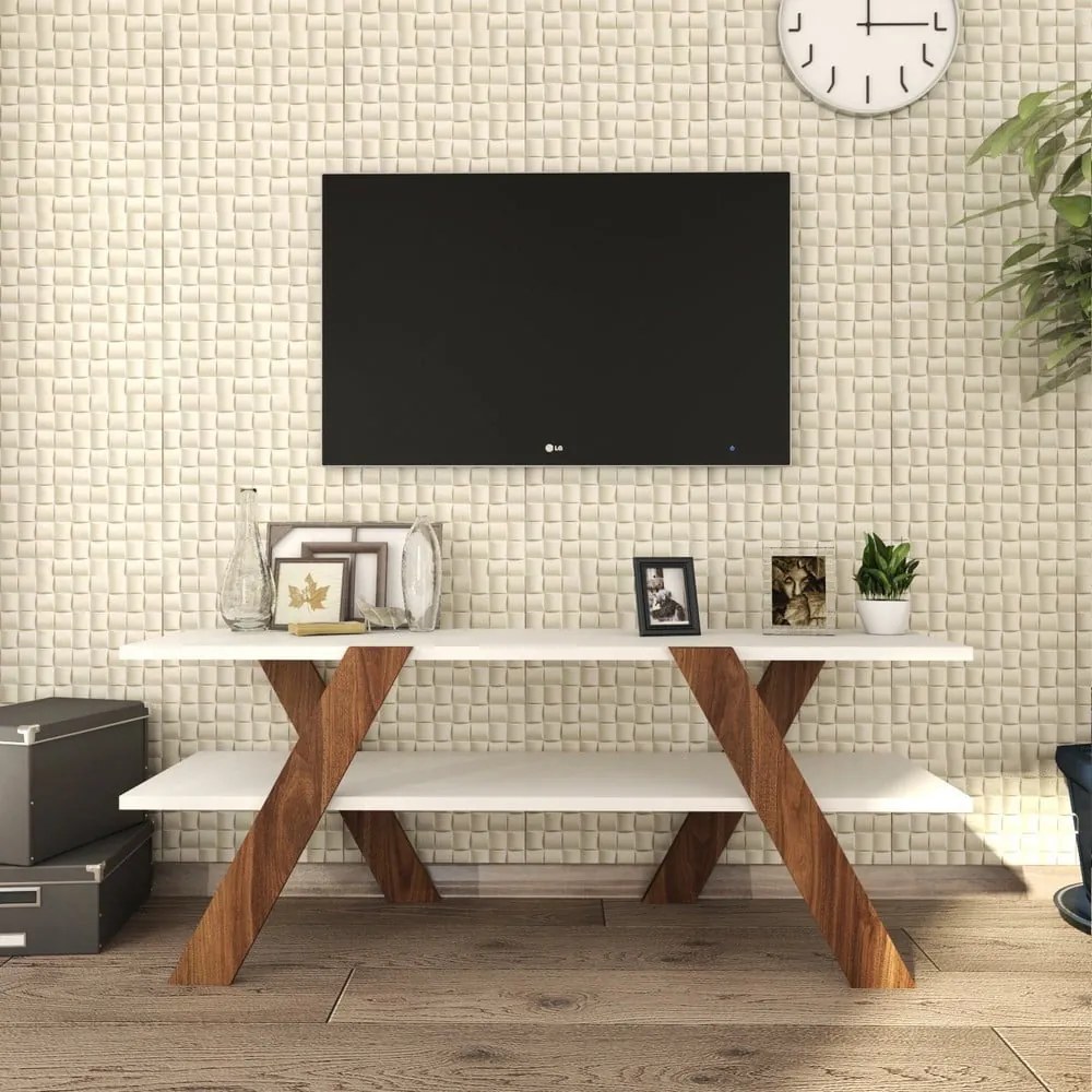 Biely/prírodný TV stolík v dekore orecha 120x33 cm Basic - Kalune Design