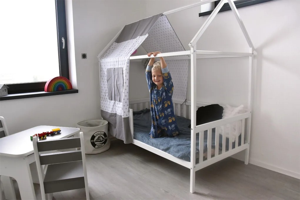 Detská domčeková posteľ biela Barva: postel s látkou s oknem