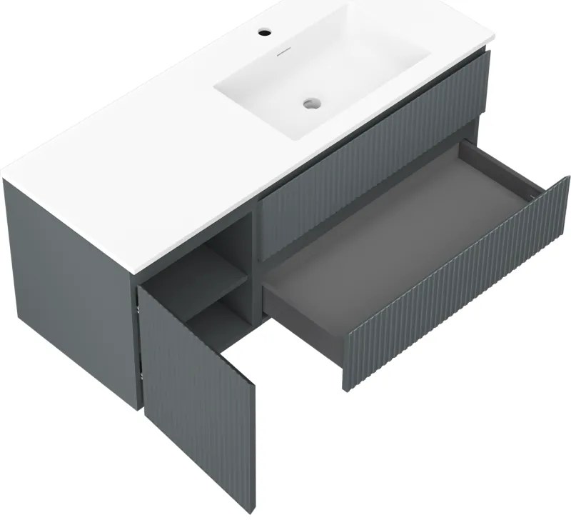 Mexen Rivel, kúpeľňová skrinka 120 cm s pravým umývadlom Otis, 2S, 1D, drážkovaná, grafitová/biela matná, 91A23-12047-3-BBFFF66-W18P01