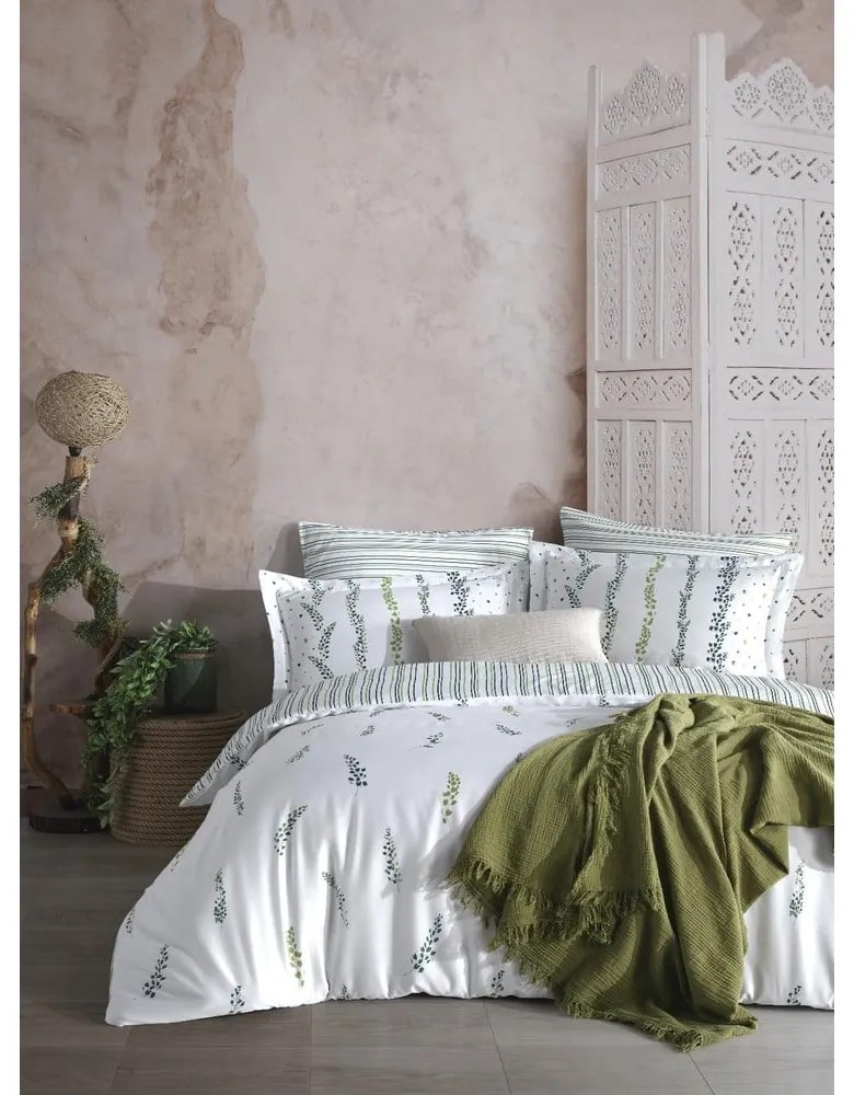 Biele/zelené obliečky na jednolôžko z bavlneného saténu 140x200 cm Marseille Floral – Mila Home Luxury