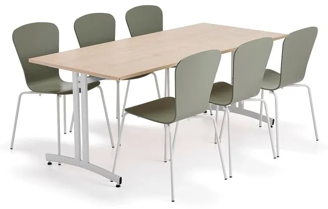 Zostava nábytku SANNA + MILLA, 1 stôl, 6 stoličiek, biela/olivová zelená