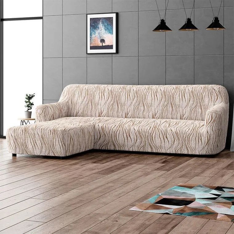 Bielastické poťahy UNIVERSO NOVÉ žíhané béžové sedačka s otomanom vľavo (š. 170 - 300 cm)