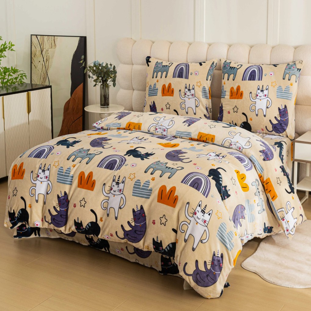 Sada 2ks mikroplyšových obliečok PURRSLEEP béžové + plachta mikroplyš SOFT 180x200 cm biela, dvojlôžko