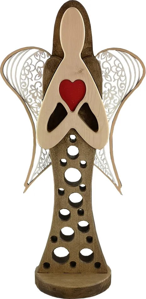 AMADEA Drevený anjel na podstavci s bielymi krídlami a červeným srdcom, masívne drevo, 63x31 cm, český výrobok